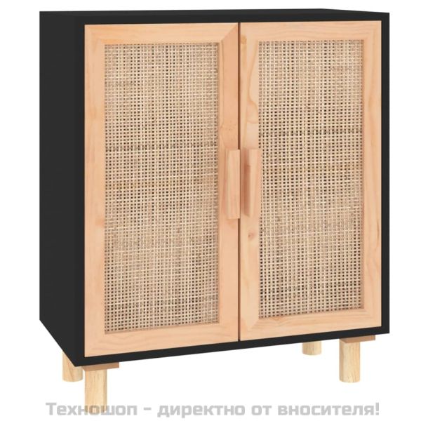 Сайдборд, черен, 60x30x70 см, бор масив и естествен ратан
