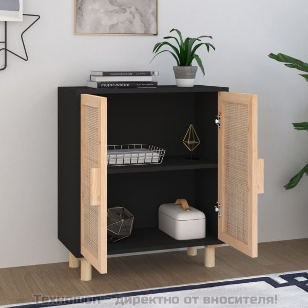 Сайдборд, черен, 60x30x70 см, бор масив и естествен ратан