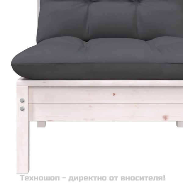 Градински среден диван с възглавници, бял, бор масив