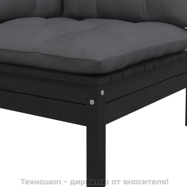 Градински ъглов диван с възглавници, черен, бор масив