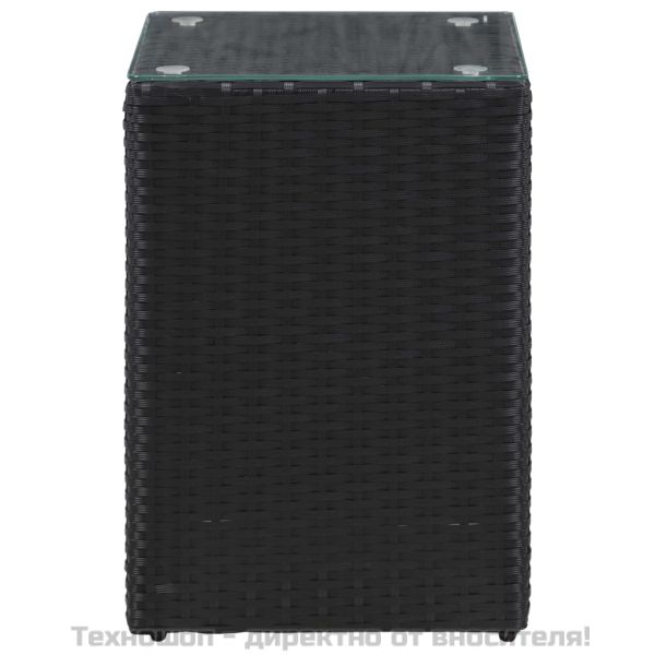 Странични маси, 3 бр, със стъклен плот, черни, полиратан