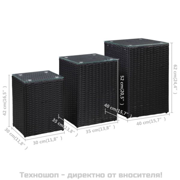 Странични маси, 3 бр, със стъклен плот, черни, полиратан