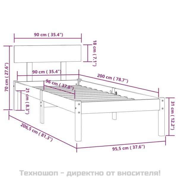 Рамка за легло, черна, бор масив, 90x200 cм