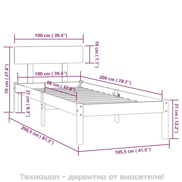 Рамка за легло, сива, бор масив, 100х200 см