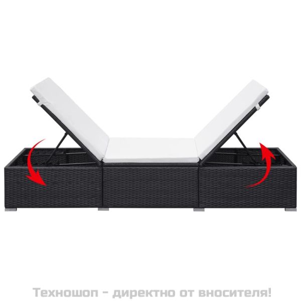 Шезлонг с шалте, черен полиратан