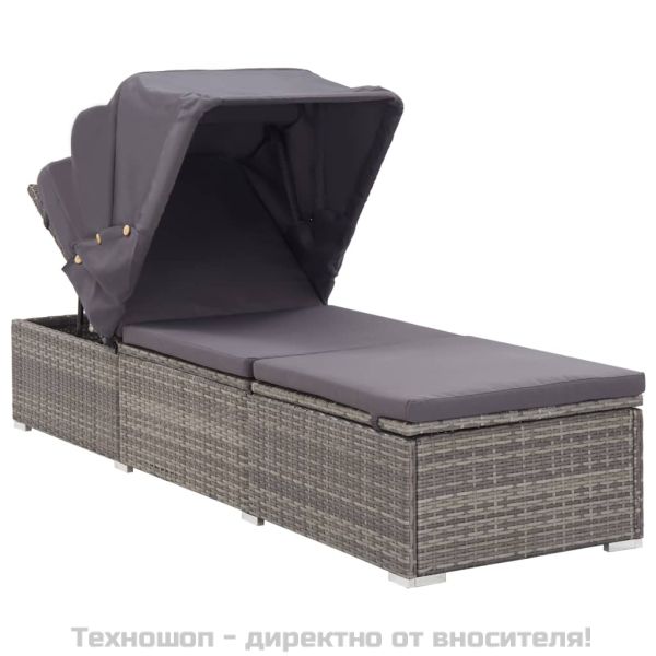 Шезлонг с шалте и навес, полиратан, сив