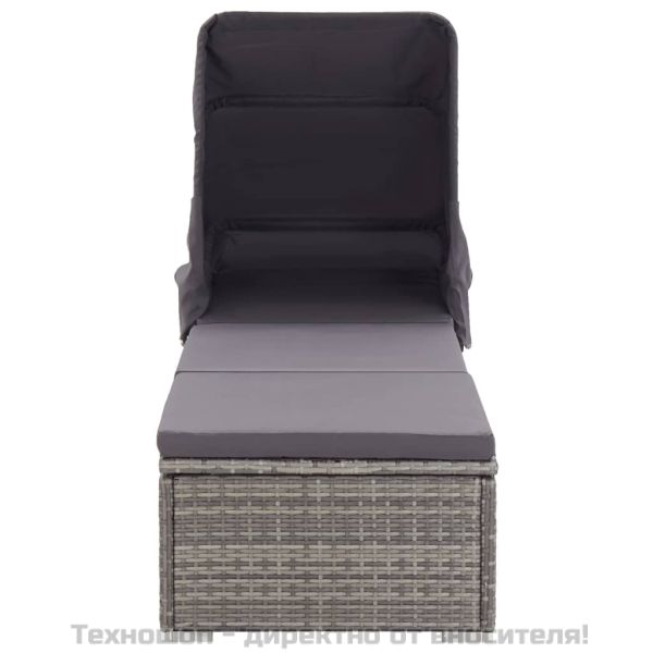 Шезлонг с шалте и навес, полиратан, сив