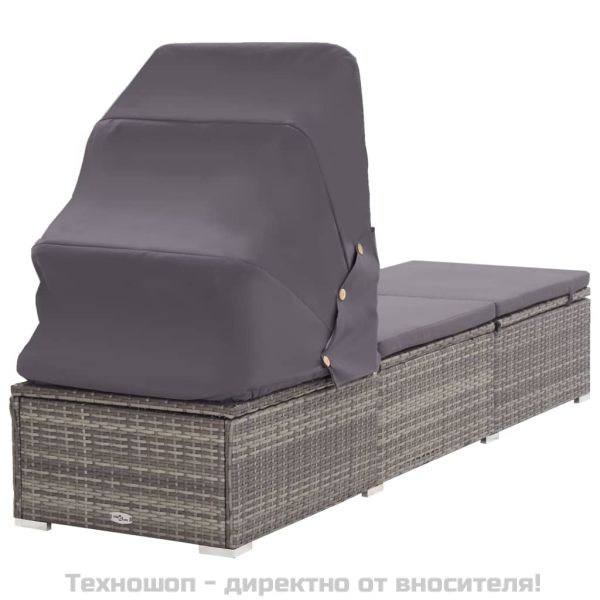 Шезлонг с шалте и навес, полиратан, сив