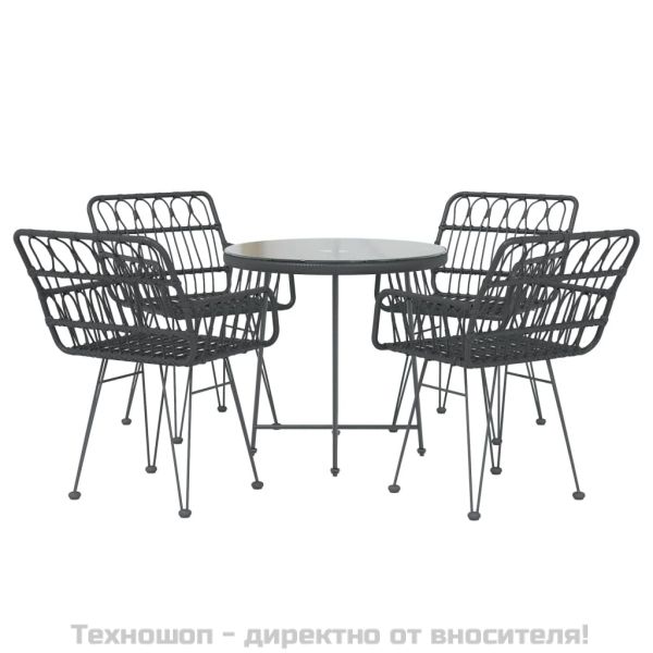 Градински трапезен комплект, 5 части, черен, полиратан