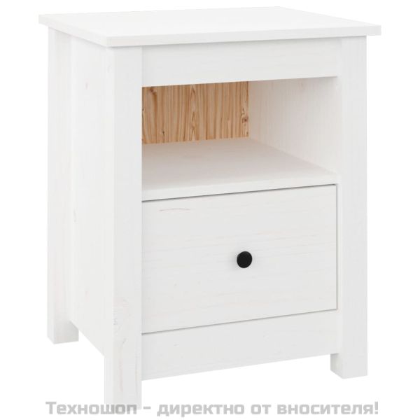 Нощно шкафче, бяло, 40x35x49 см, борово дърво масив