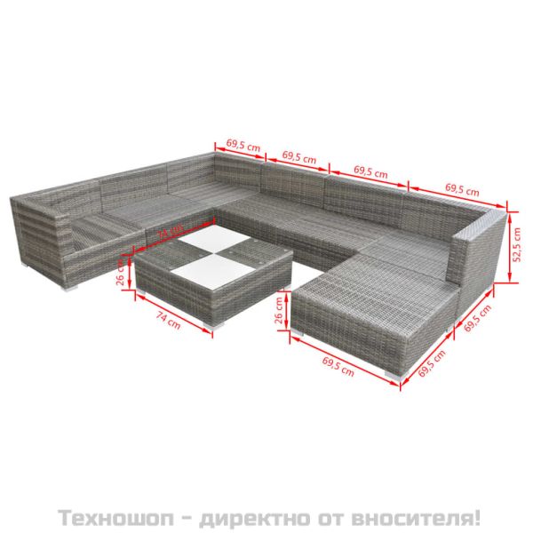 Градински комплект с възглавници, 8 части, полиратан, сив