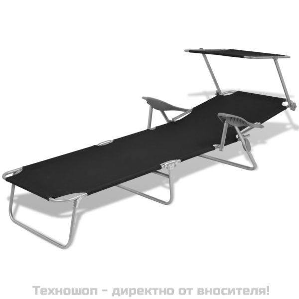 Шезлонг с козирка, стомана, черен