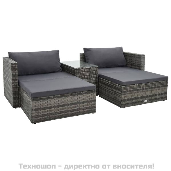 Градински комплект с възглавници, 5 части, полиратан, сив