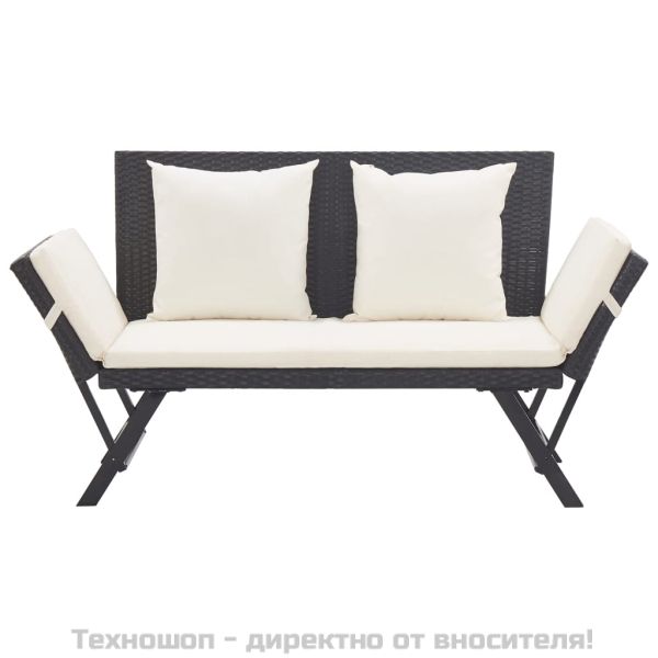 Градинска пейка с възглавници, 176 см, черна, полиратан