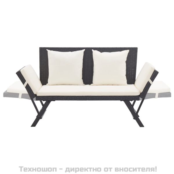 Градинска пейка с възглавници, 176 см, черна, полиратан
