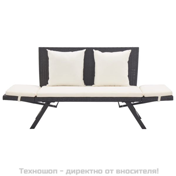 Градинска пейка с възглавници, 176 см, черна, полиратан