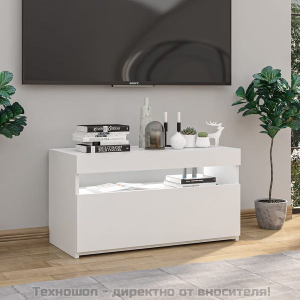 ТВ шкаф с LED осветление, бял гланц, 75x35x40 см