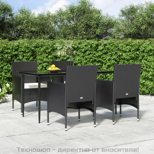 Градински трапезен комплект от 5 части с възглавници черен