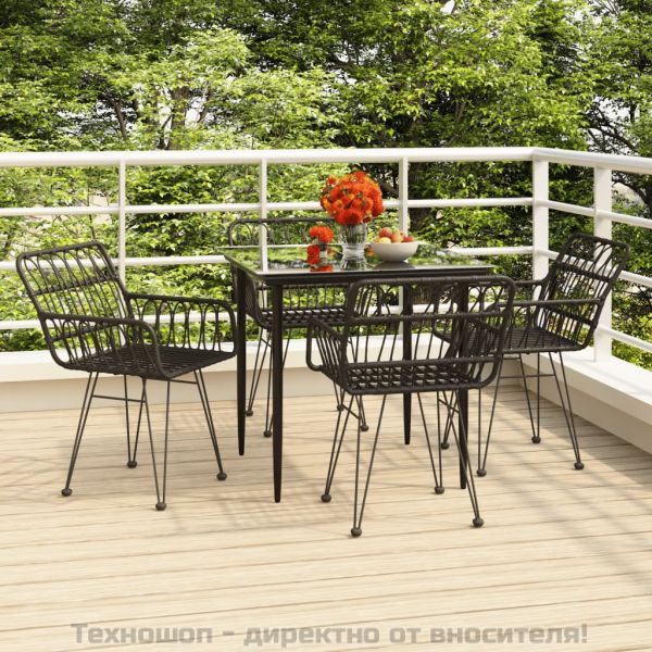 Градински трапезен комплект, 5 части, черен, полиратан