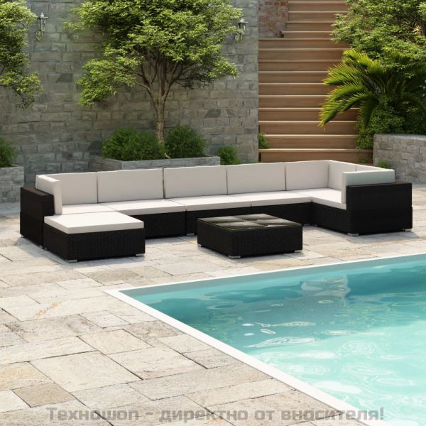 Градински комплект с възглавници, 8 части, черен полиратан