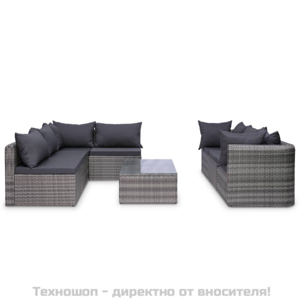 Градински комплект с възглавници, 8 части, полиратан, сив