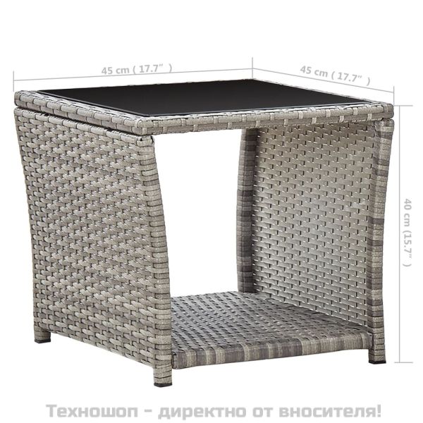 Кафе маса, сива, 45x45x40 см, полиратан и стъкло