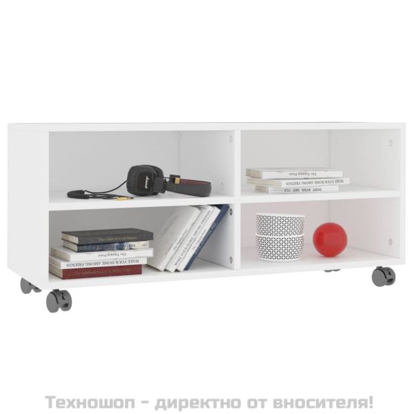 ТВ шкаф с колелца, бял, 90x35x35 см, инженерно дърво