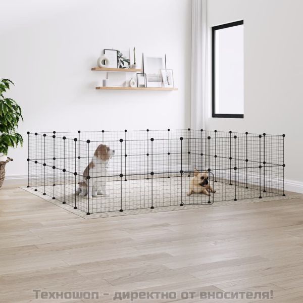 Клетка за животни с врата, 52 панела, черна, 35x35 см, стомана