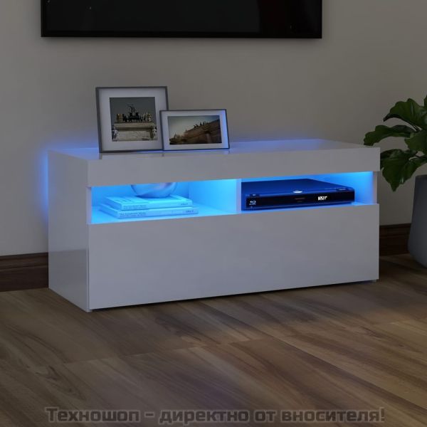 ТВ шкаф с LED осветление, бял гланц, 90x35x40 см