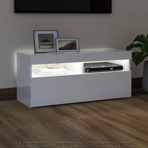 ТВ шкаф с LED осветление, бял гланц, 90x35x40 см