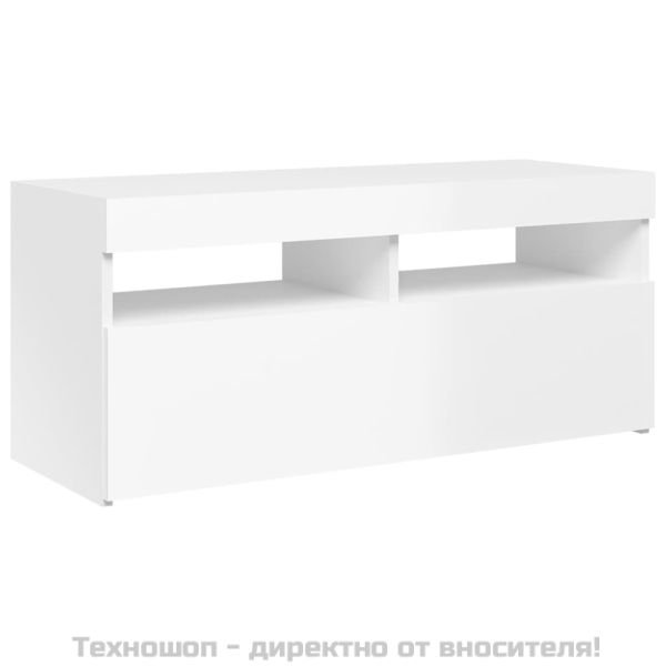 ТВ шкаф с LED осветление, бял гланц, 90x35x40 см