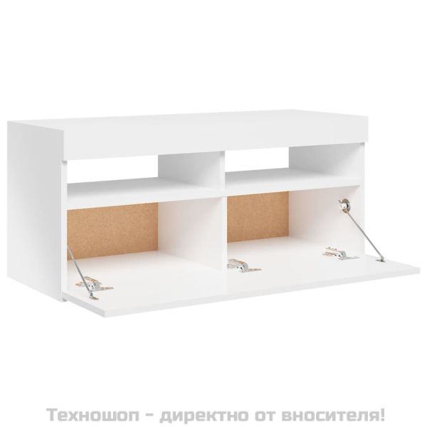 ТВ шкаф с LED осветление, бял гланц, 90x35x40 см