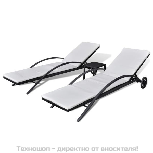 Шезлонги с маса, полиратан, черни