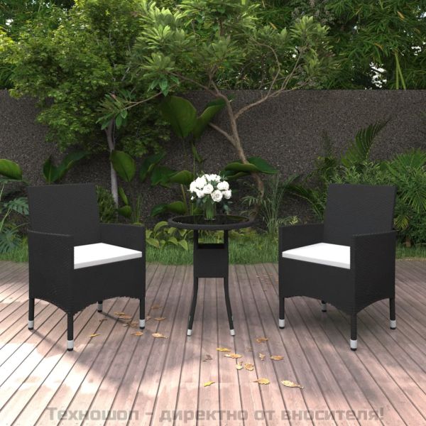 Градински трапезен комплект, 3 части, полиратан, черен