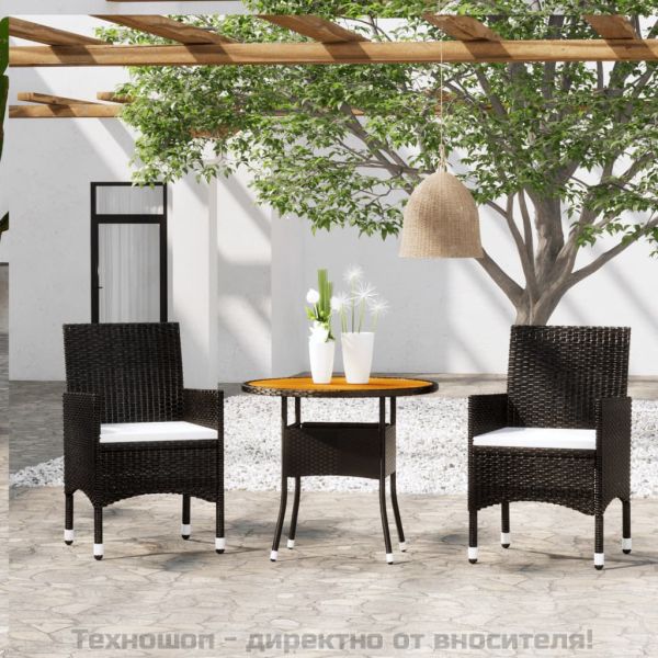 Градински трапезен комплект, 3 части, полиратан, черен