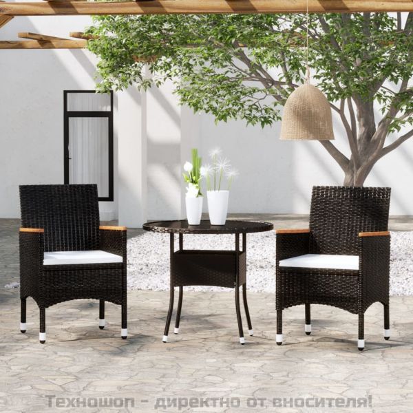 Градински трапезен комплект, 3 части, полиратан, черен