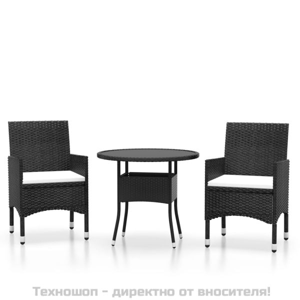 Градински трапезен комплект, 3 части, полиратан, черен
