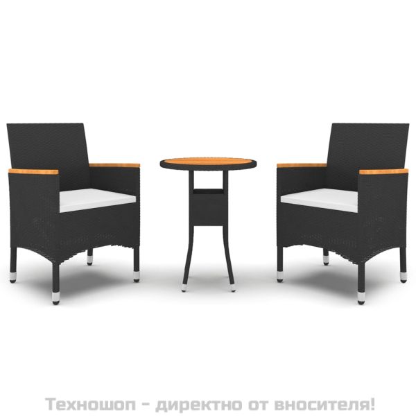 Градински трапезен комплект, 3 части, полиратан, черен