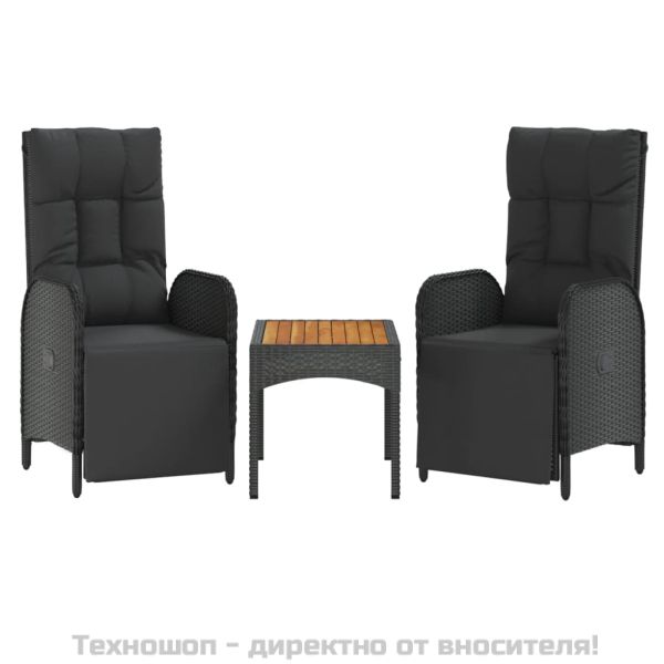 Градински накланящи се столове 2 бр с маса черен полиратан