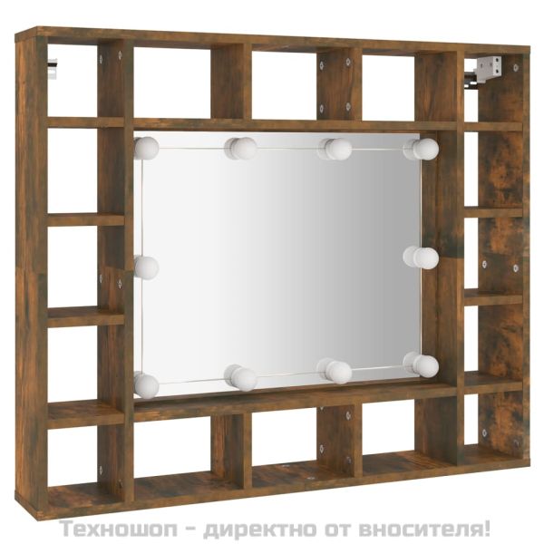 Огледален шкаф с LED, опушен дъб, 91x15x76,5 см
