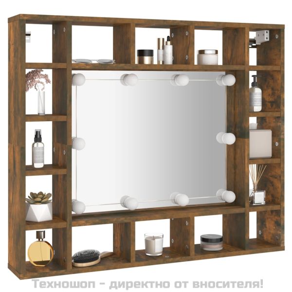 Огледален шкаф с LED, опушен дъб, 91x15x76,5 см