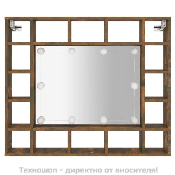Огледален шкаф с LED, опушен дъб, 91x15x76,5 см