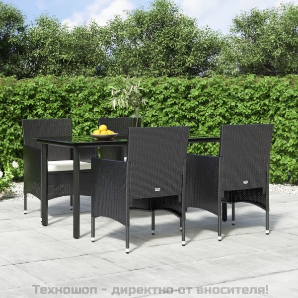 Градински трапезен комплект от 5 части с възглавници черен