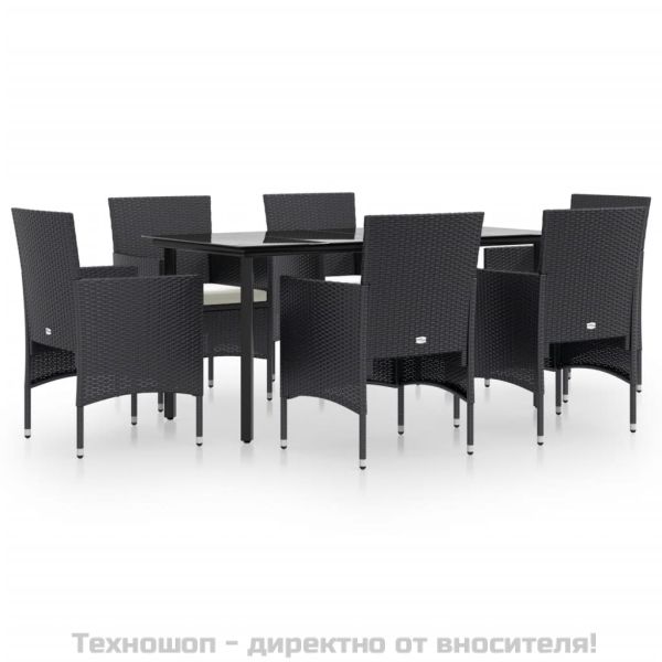 Градински трапезен комплект с възглавници 7 части черен