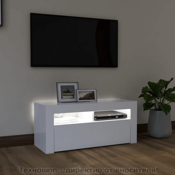 ТВ шкаф с LED осветление, бял, 90x35x40 см