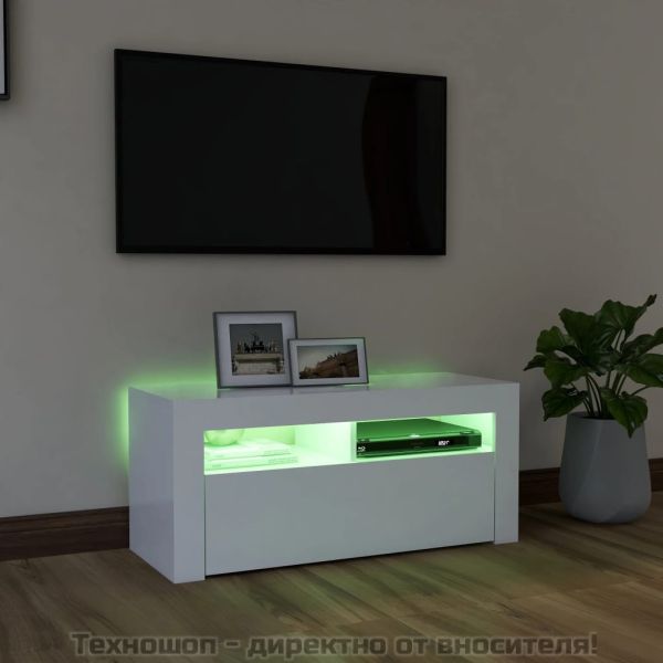 ТВ шкаф с LED осветление, бял, 90x35x40 см