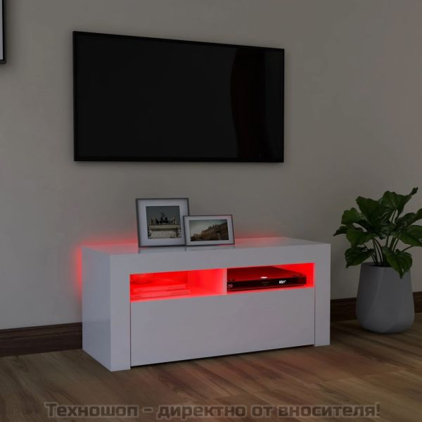 ТВ шкаф с LED осветление, бял, 90x35x40 см