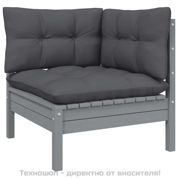 Градински лаундж комплект 3 части с възглавници сив бор масив