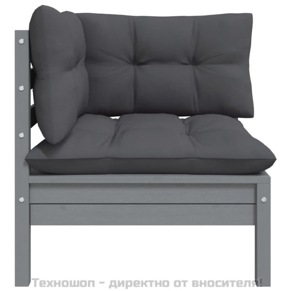 Градински лаундж комплект 3 части с възглавници сив бор масив