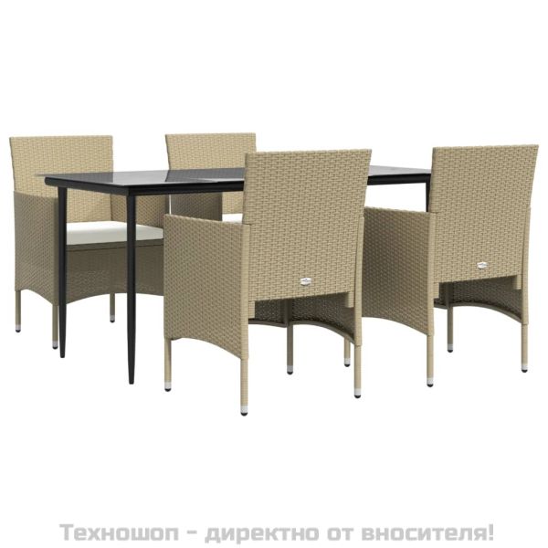 Градински трапезен комплект с възглавници 5 части, бежово/черно